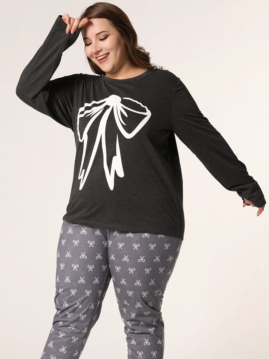 

4XL Plus Size Women Autumn Nice Bows Cartoon Printing Pajama Sets Long Sleeve Trousers Pajamas Soft Homewear Sleepwear Pyjamas