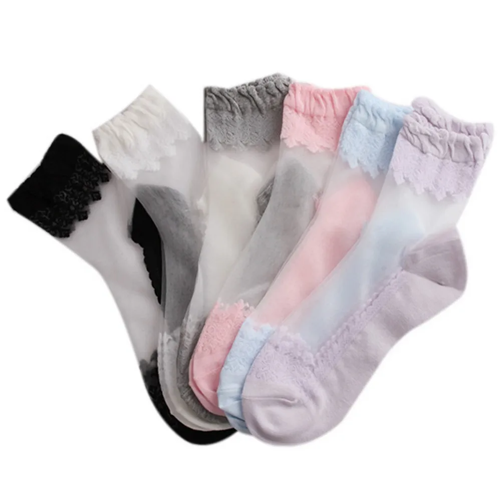 

1Pair Women Lace Ruffle Ankle Sock Soft Comfy Sheer Silk Cotton Elastic Mesh Knit Frill Trim Transparent Ankle Socks