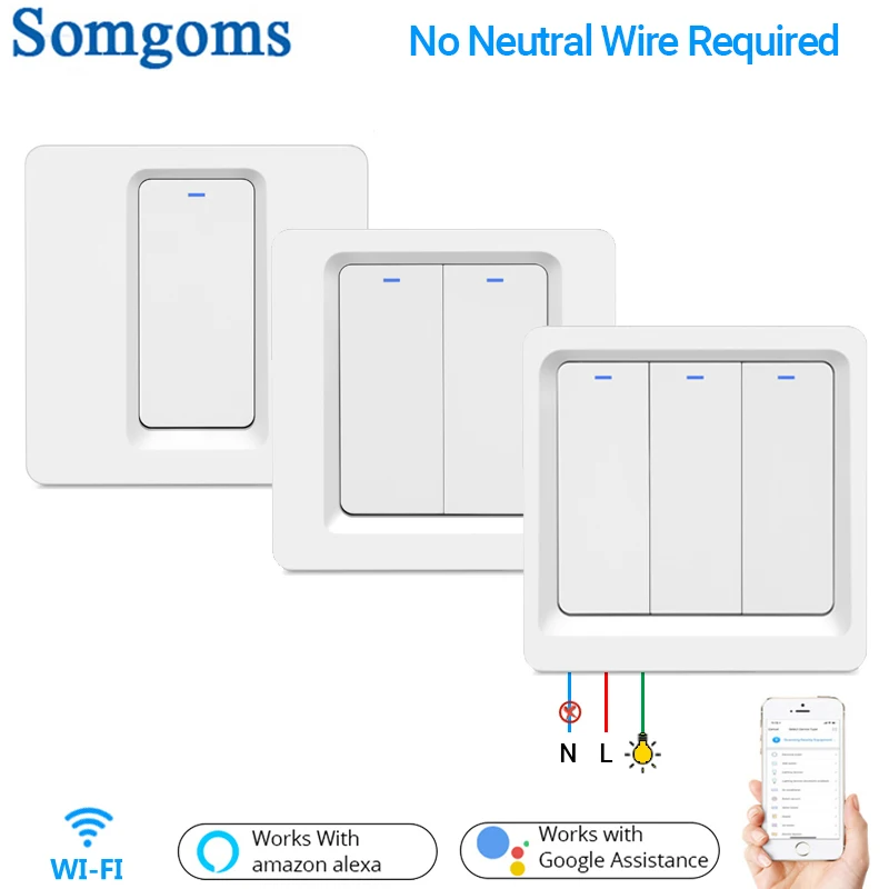 

Tuya Wifi Smart Push Button Wall Light Switch No Neutral Wire Required , Alexa Google Home Compatible