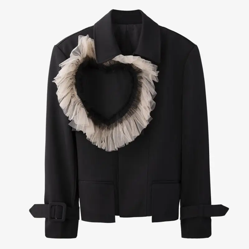 Black Short Jacket Hepburn Style Fashion Heart-Shaped Three-Dimensional Mesh Lace Blouse Women's Long-Sleeved Temperament Blazer