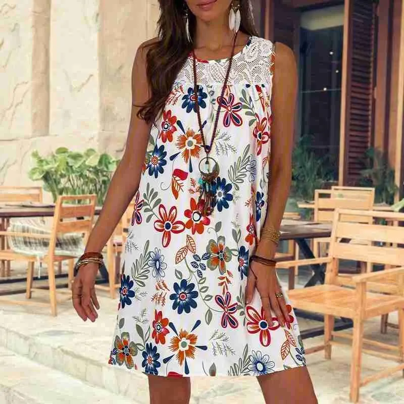 

Летнее пляжное платье, кружевное вышитое Цветочное платье на бретелях, без рукавов, бохо, Повседневная Свободная белая женская одежда больш...