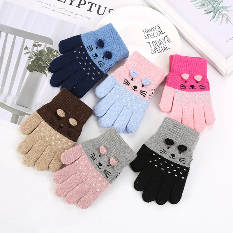 

Children's Winter Warm Gloves For 4-10years Kids Cartoon Cat Gloves Five Finger Cashmere Knitted Gloves Soft Cycling