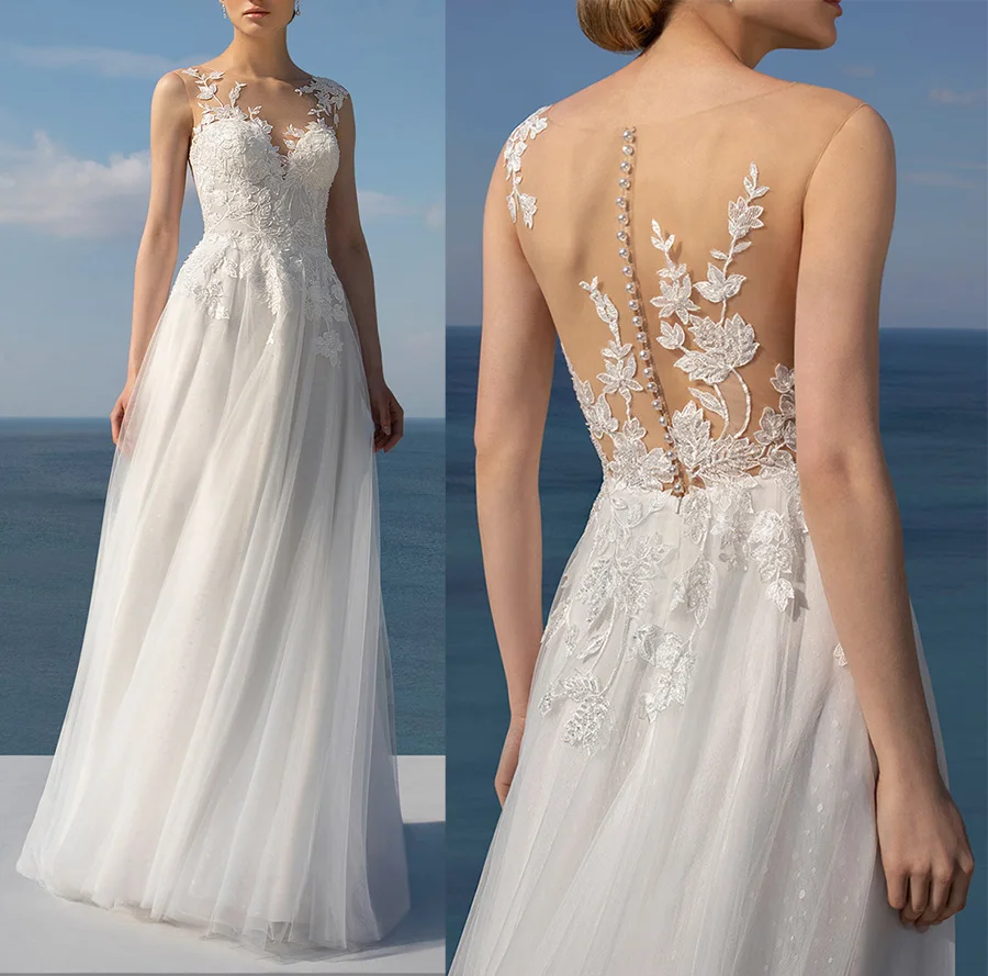 

2021 Free Shipping A-line Bridal Gowns Sleeveless White Dotted Tulle Boho Wedding Dress Applique Beadings Illusion Pearls Back
