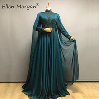 arabic muslim chiffon evening dresses women long sleeves 2021 real picture high neck appliqes beads special occasion moroccan