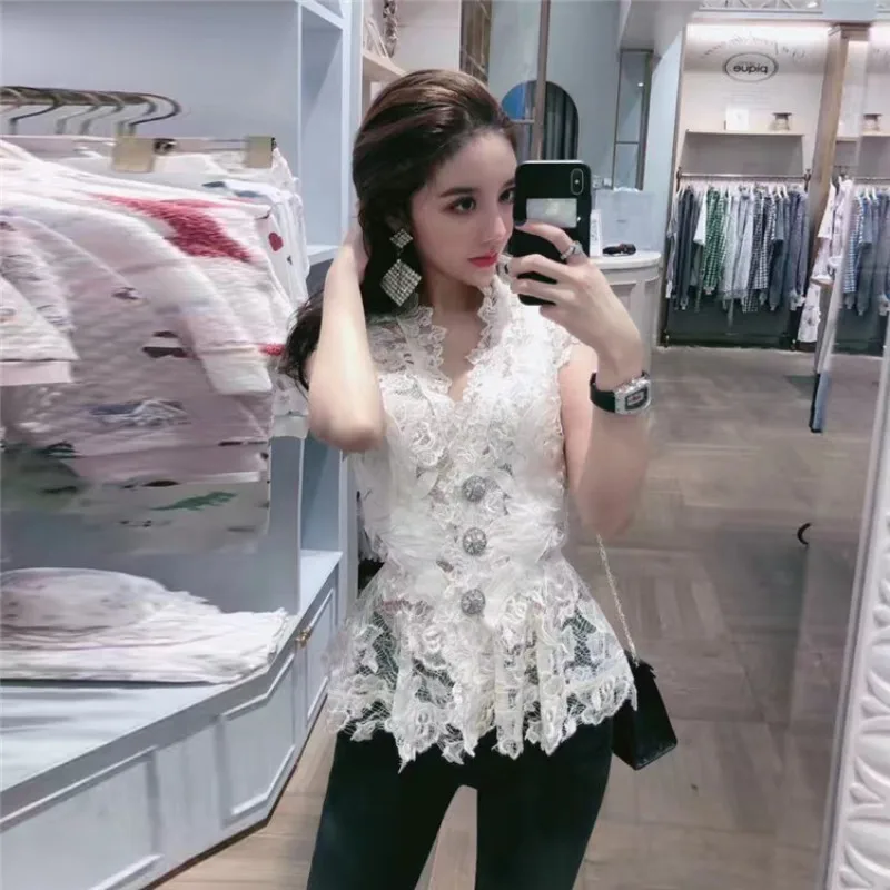High Quality Diamonds Button Embroidery Lace Womens Top Shirts Fashion V-Neck See Through Slim Fit Ladies Sleeveless Vest Blouse | Женская