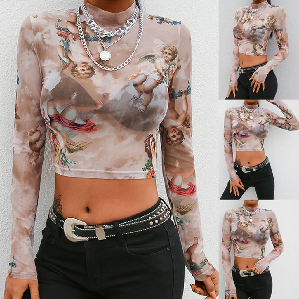 Футболка женская с длинным рукавом модная прозрачная сетчатая водолазка принтом