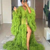 green illusion ruffles tulle long sleeve women celebrity dress sexy kimono pregnant party sleepwear women sheer nightgowns