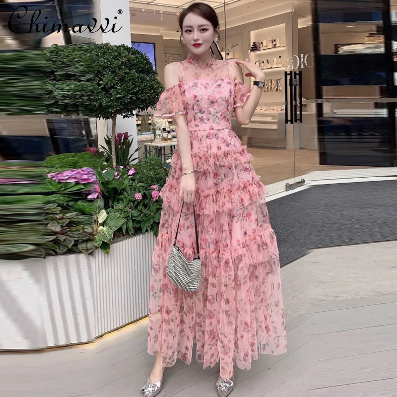

European-Style Dress Women 2021 Summer Sexy Ruffle Sleeve Mesh Printed Dresses High Waist Slimming Large Hem Maxi Dress