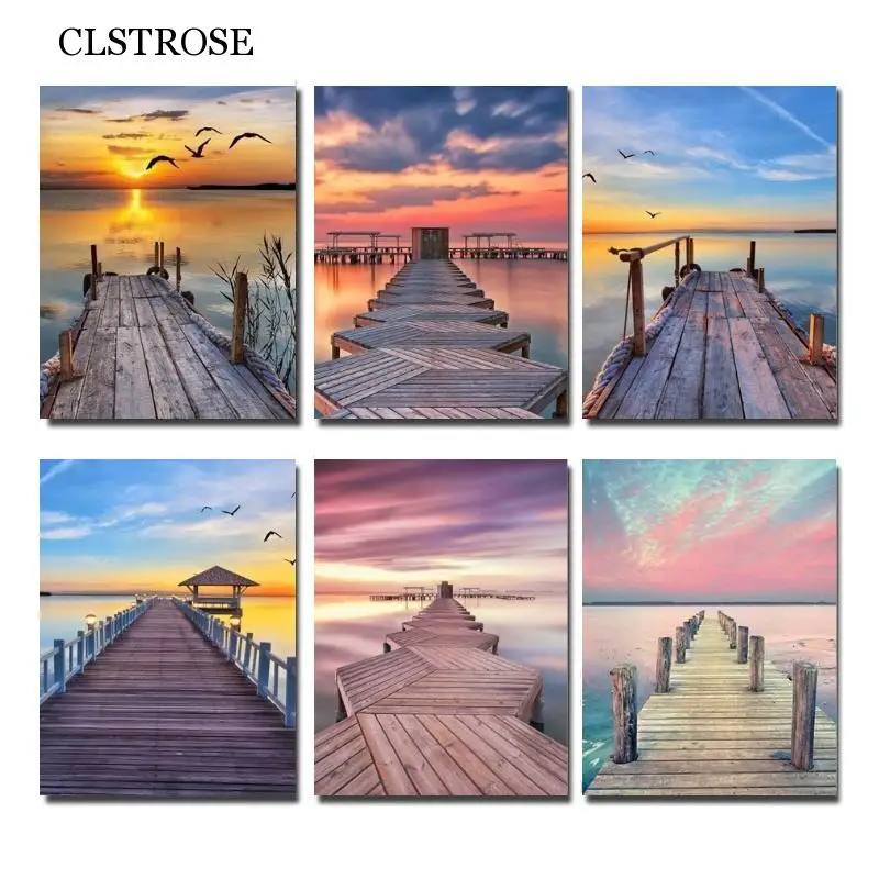 

5D DIY Diamond Painting Seaside Landscape Wooden Bridge Diamond Embroidery Full Circle Square Rhinestone Mosaic Cross Stitch Kit