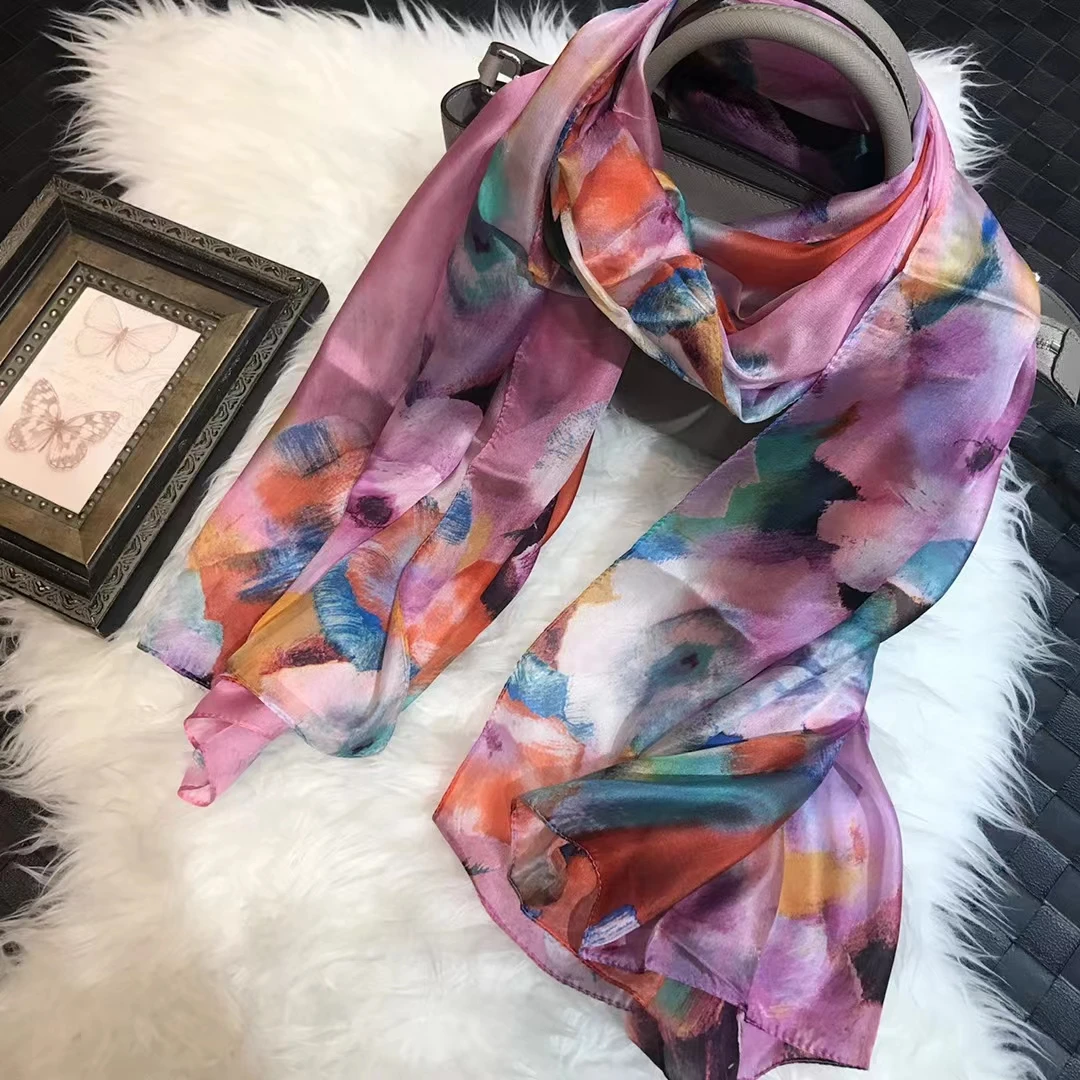 Fashion 100% Silk Scarf Ladies Pink Green Scarves BufandasSummer Beach Shawls Foulard Fall Winter Brand Long Neck Hijabs |