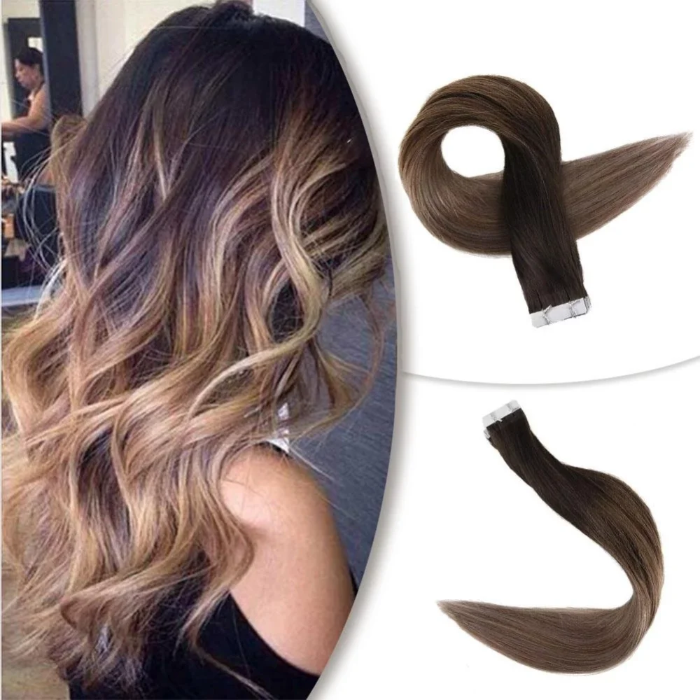Полный блеск Balayage цвет омбер человеческие волосы на ленте для наращивания 20 шт 50 г блонд коричневый лента для наращивания машина сделано remy