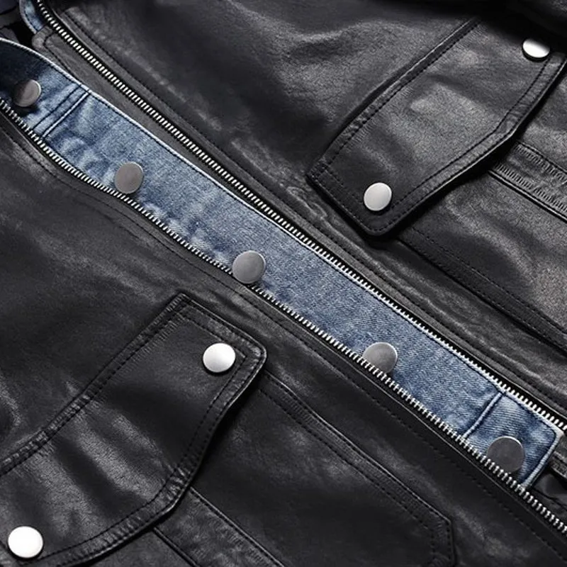 

2020 Women Sheepskin Real Leather Jacket Boyfriend Hip Hop Denim Spliced Fake Two Piece Casual Streetwear Coat Genuine Leather