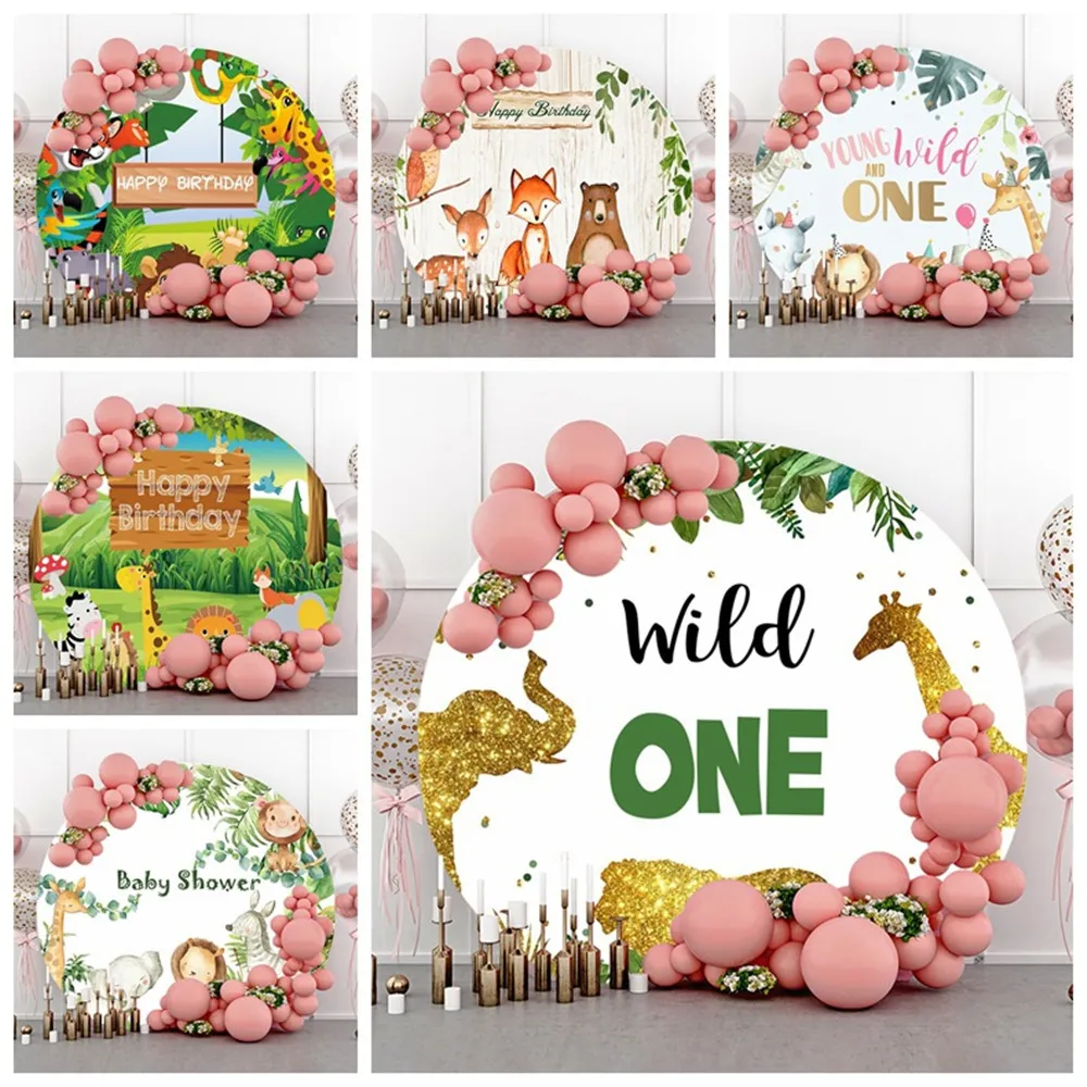 

Round Backdrop Cover Forest Jungle Safari Baby Wild One Birthday Photo Background Baby Shower Circle Backdrops Elastic