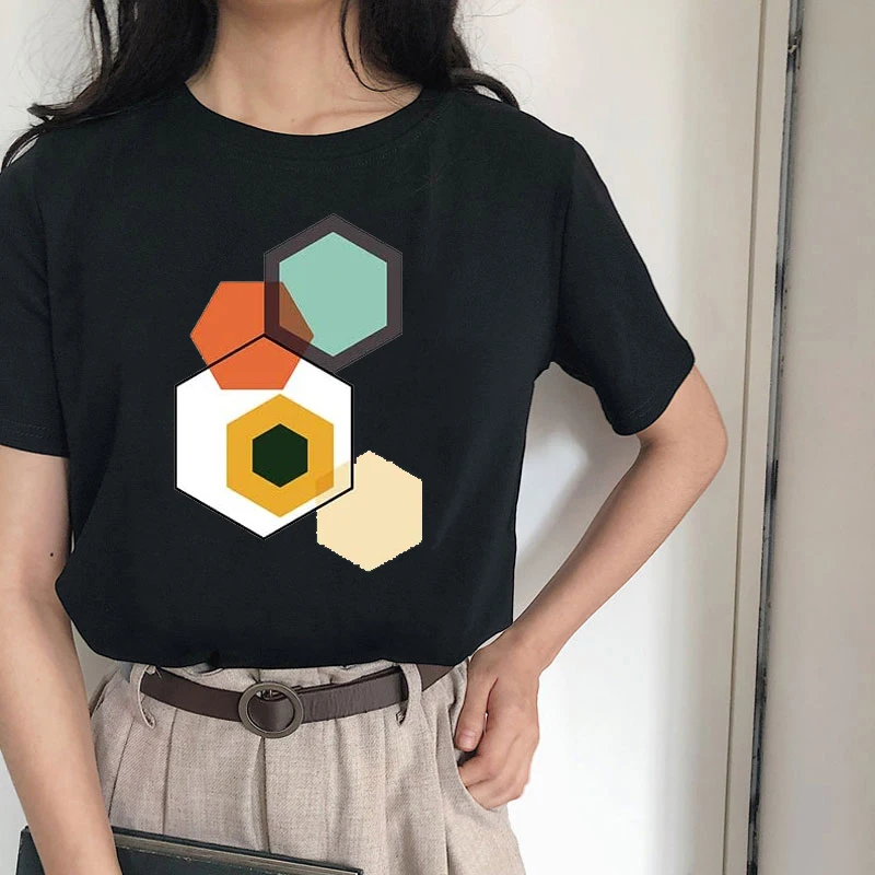 

2021 Fashion Tops for Teenagers Geometry Stitching Printing Clothes Women Friends Black T-Shirt Graphic Plus Size T-Shirts Women