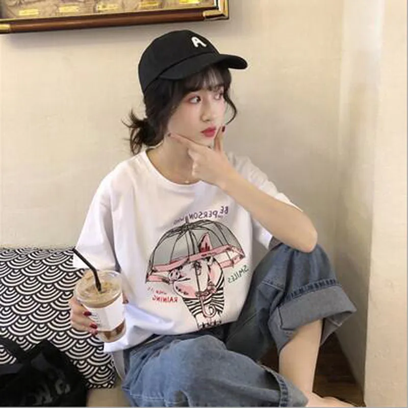 

Cute Print Women T-shirt Spring Summer New Short Sleeve Round Neck T shirt Femme Cotton Spandex T shirts Women