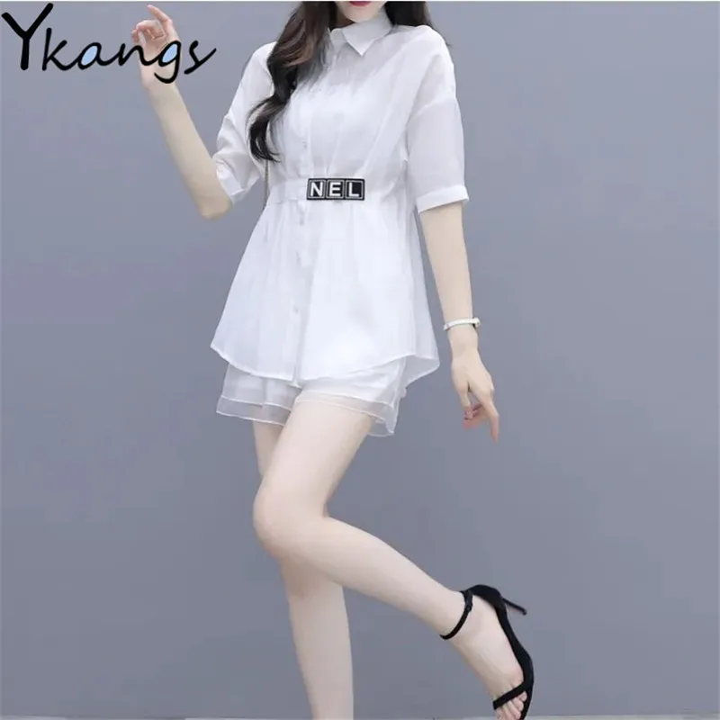 

New Casual Women's Sweatshirt Shorts with High Waist Sports Suit Summer Korean Style Fashion Mid-length Thin Shirt Shorts Set