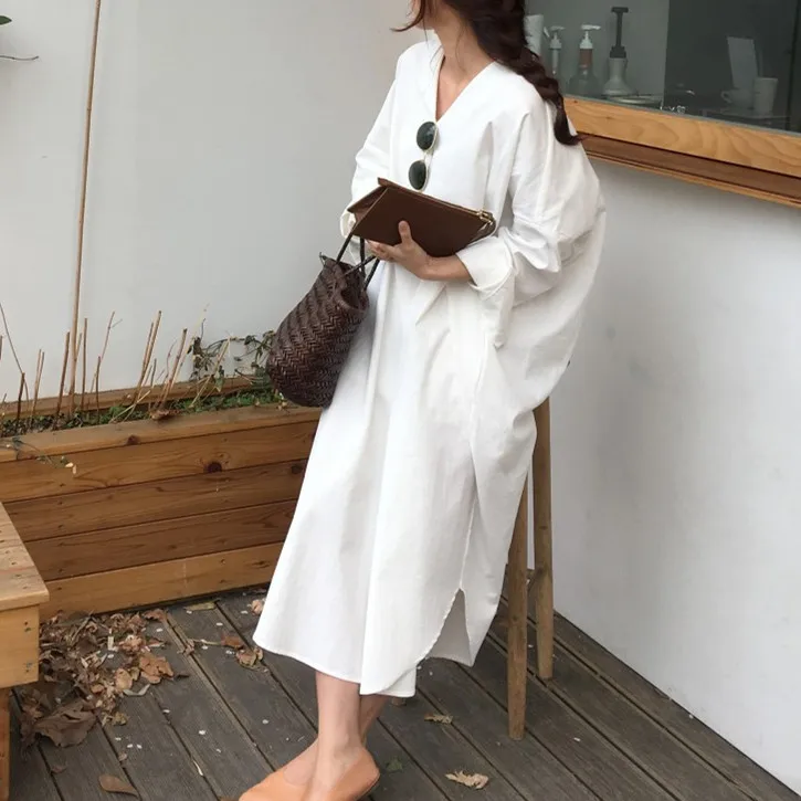 

Plain Pure Color Dresses Women Casual Oversized V-neck Irregular Loose Dress With Belt Vestidos De Verano