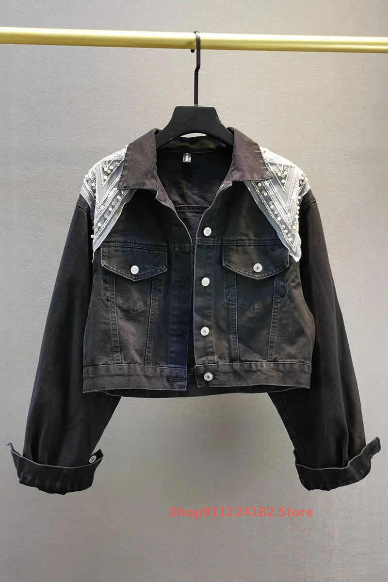 

Diamond-Studded Denim Jacket Women's Autumn New New European Station Shows Thin Heavy Industry Mesh Stitching Beaded Short Top