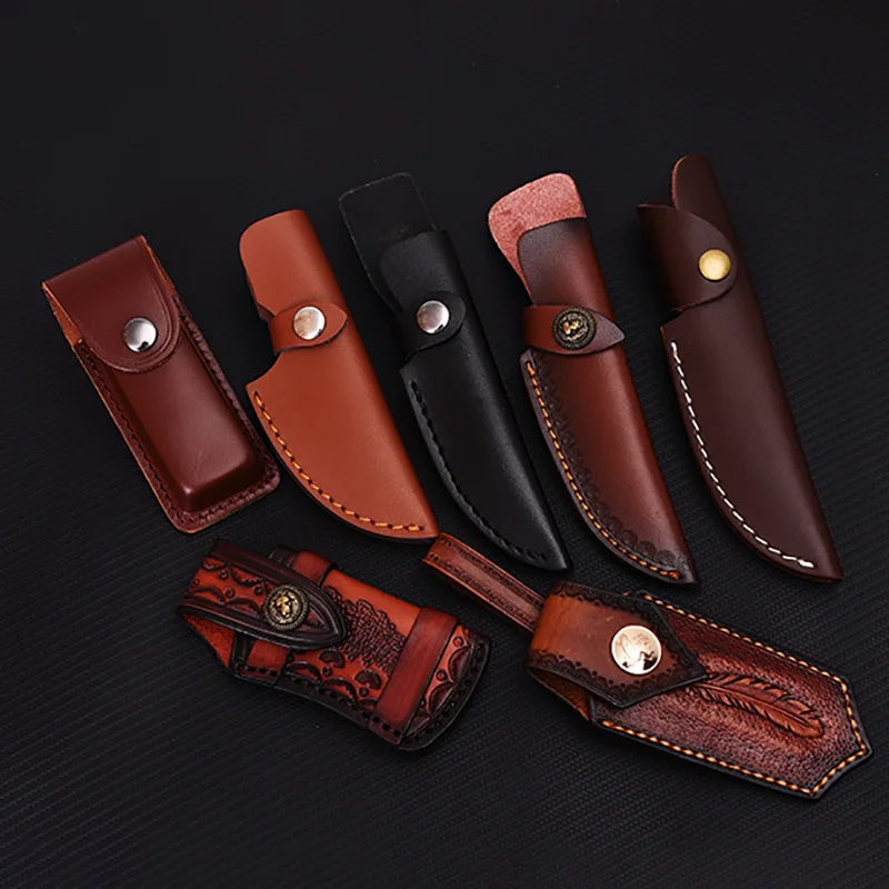 First Layer Genuine Cowhide Pocket Folding Small Straight Knife Leather Case Scabbard Sheath Holster Outdoor Hunt Cover Belt DIY