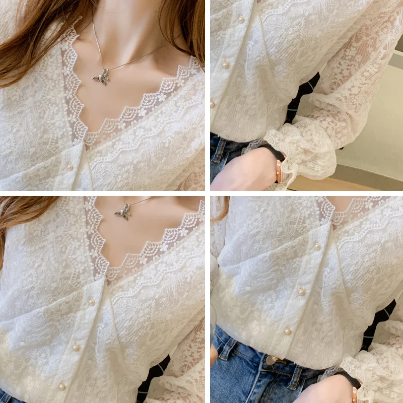 

COIGARSAM Full Sleeve Shirt Womens tops New Hollow Out V-Neck Women shirts White Apricot 572