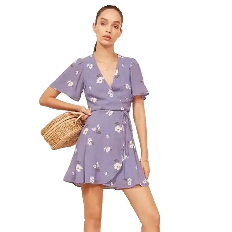 Осенние модные женские платья с V-образным вырезом и коротким рукавом эластичная