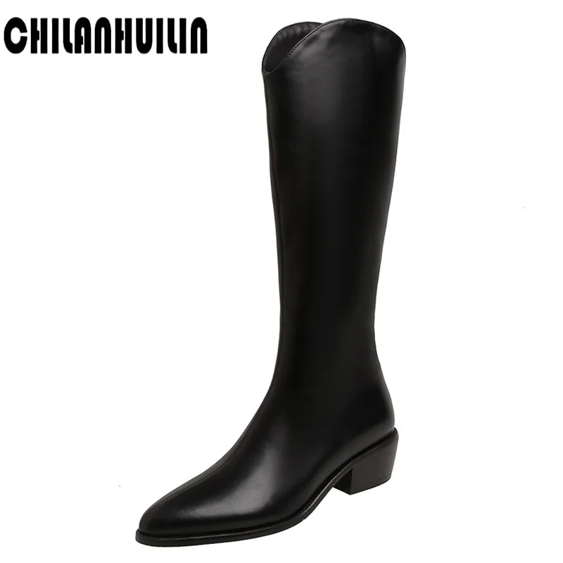 

western microfiber leather zipper knee high boots women casual outdoor shoes square heel autumn winter long riding snow boots