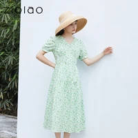 ziqiao casual dresssummer 2021 100 cotton woman dress green v neck floral dress hollow back lace long skirt puff sleeve a line