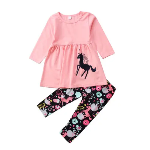 2020 Brand Adorable Toddler Girl Kid Floral Dress Unicorn Tops Pants 2pcs Outfits Clothes Set Size 2-7T | Детская одежда и обувь