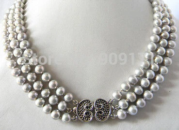 

AA 3Strands 18'' 9MM Gray Round Freshwater Pearl Silver Necklace