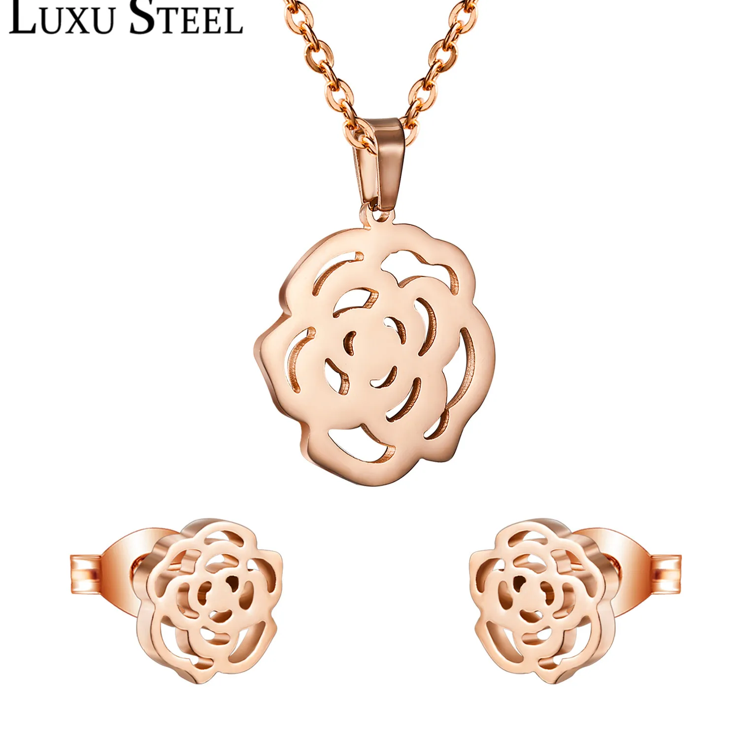 Роскошные серьги и ожерелье ювелирный набор из нержавеющей стали розовое золото