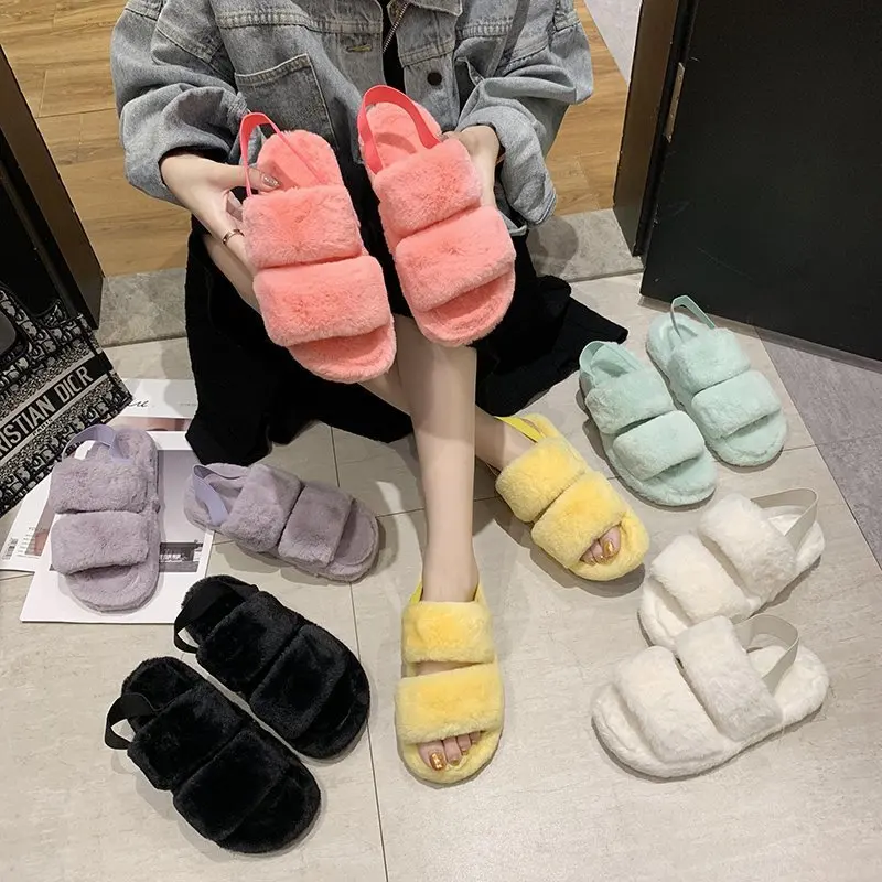 

Winter Back Strap Women Home Slippers Rabbit Fur Warm Shoes Woman Slip On Flats Slides Cute Plush Fluffy Lady Cotton Slippers