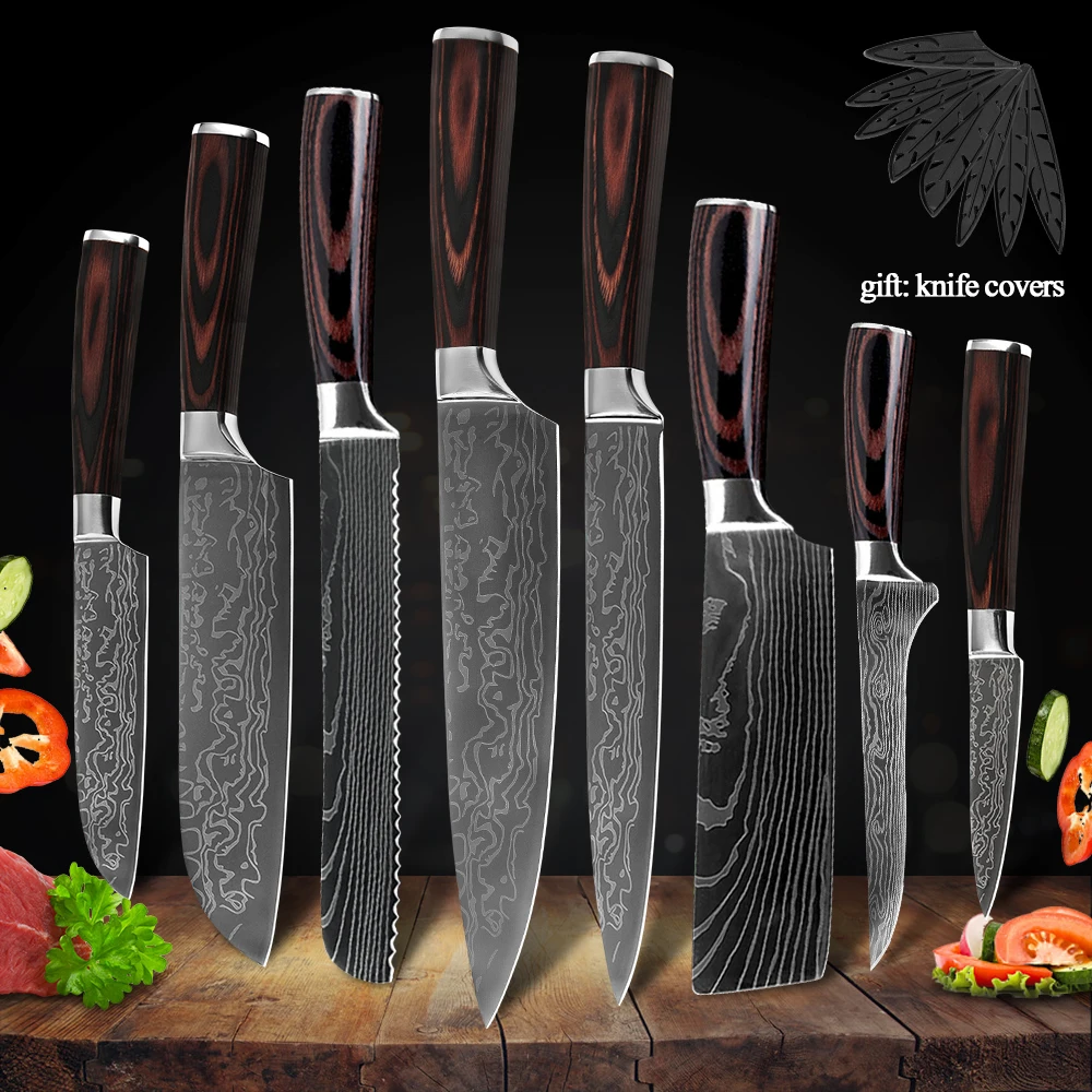 Подарочные кухонные ножи Защита краев ножны лазерный узор дамасский нож резак