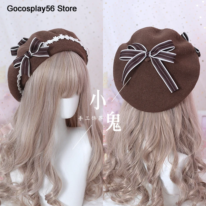 Dark Brown 9 цветов береты Лолиты полушерстяная шапка для женщин и девочек с бантом в клетку в матросском стиле консервативный шик студенческие цветы кепки для взрослых - Цвет: Dark Brown