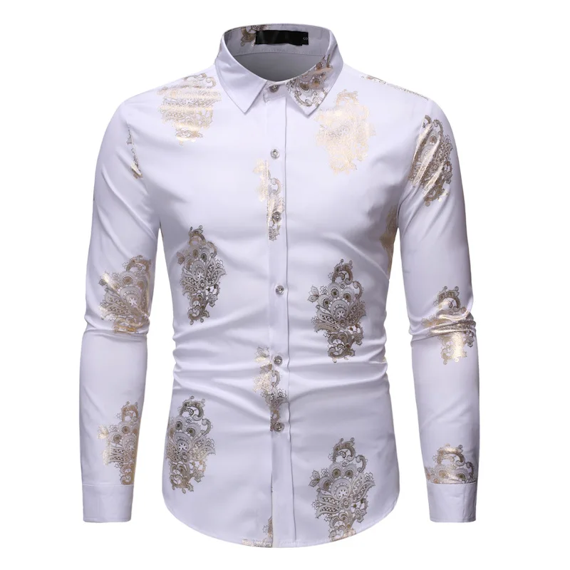 

Shiny Gold Floral Foil Print White Shirt Men Camisa Masculina 2021 Brand Slim Fit Long Sleeve Mens Dress Shirts Tuxedo Shirt Man