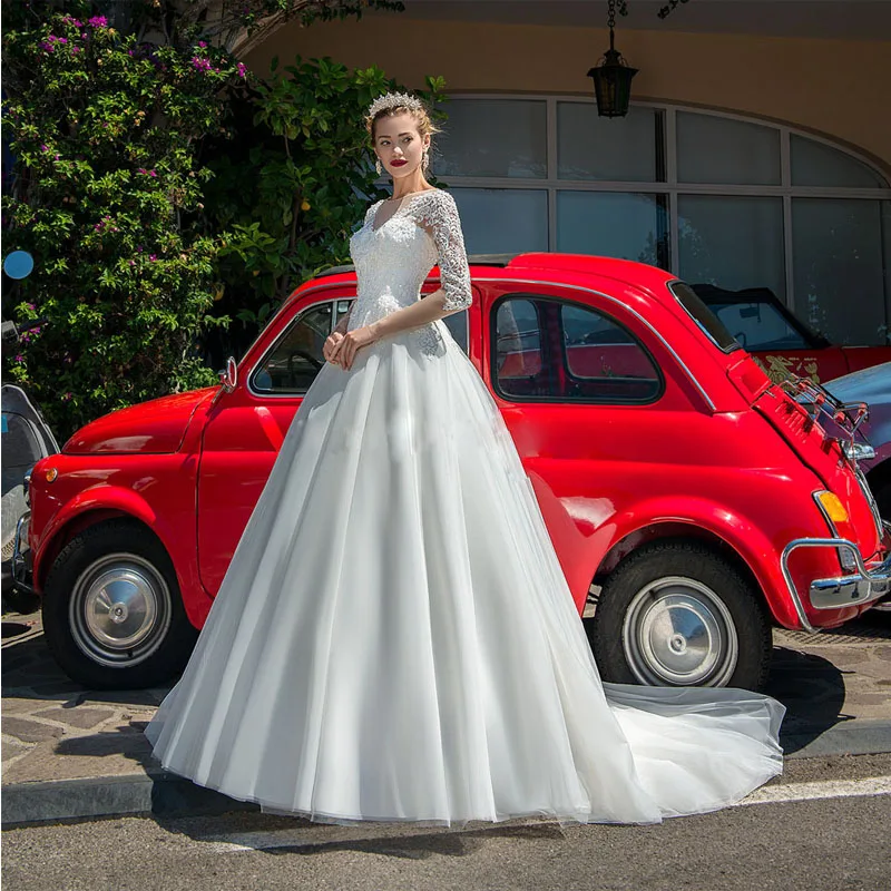 

wuzhiyi A-line wedding dress Appliques lace marriage dress charming tulle vestidos de novia zipper back white dress Custom made