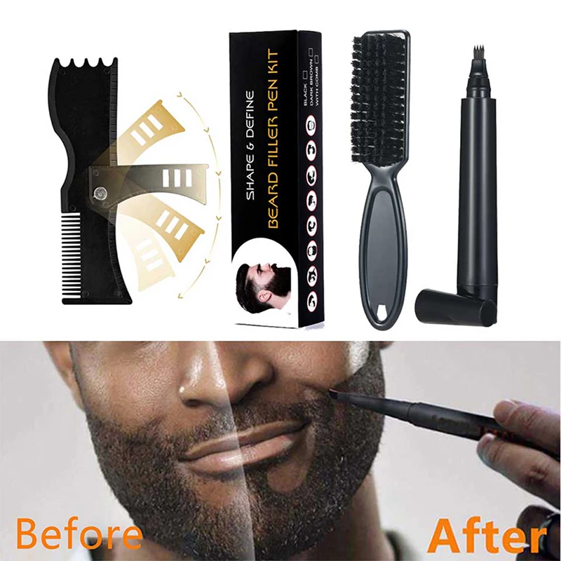 

1set Four-prong Waterproof Beard Pen And Beard Brush And Shredded Hair Brush Combination Coverage Long-lasting Repair Shape