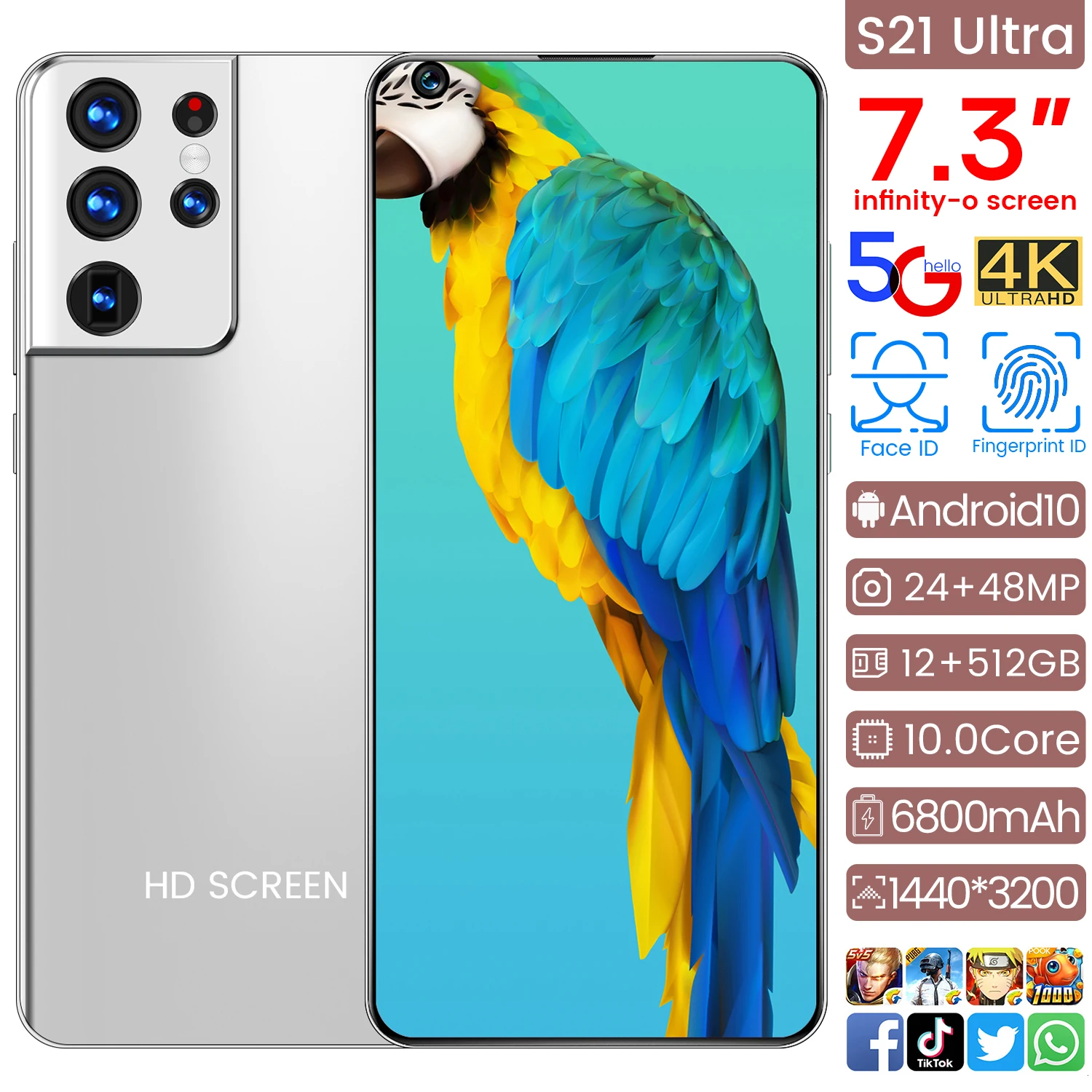

S21 Ultra 7.3Inch Smartphone 6800mAh Face Unlock Dual SIM 4G LTE 5G Android 10.0 camera24MP+48MP Memory12GB+512GB Celulares