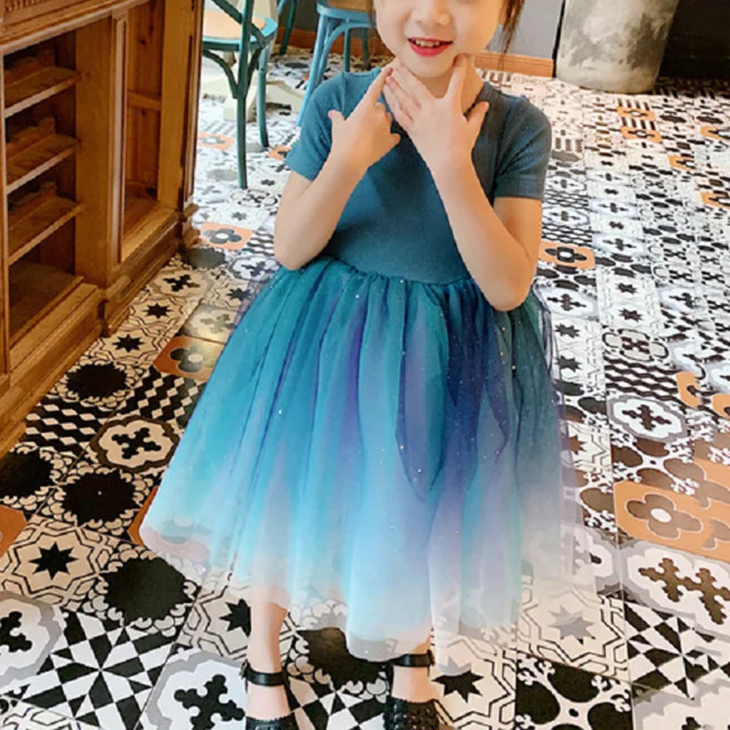

Girls Clothes Blue Tutu Summer Princess Dresses Short Sleeve Kids Dress Patchwork Net Yarn Party Girls Dresses Children Clothing