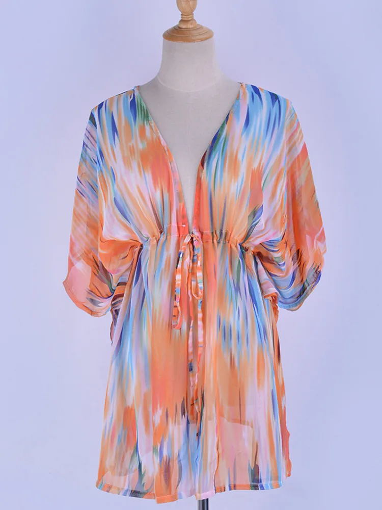 Женское шифоновое пляжное бикини с принтом тай-Дай глубоким V-образным вырезом |