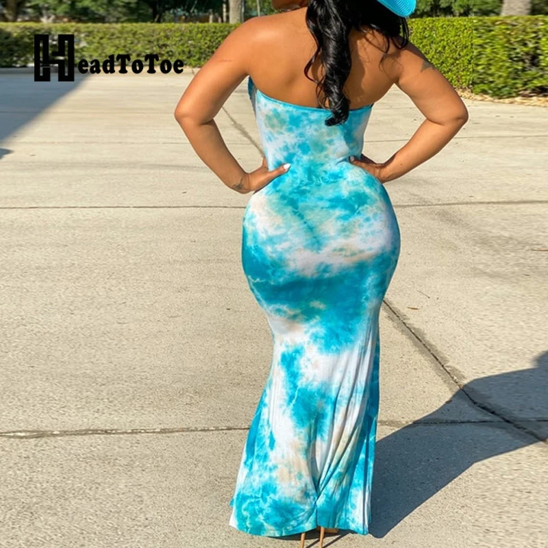 

Tie Dye Print Fashion Bench Style Dresses for Women Strapless Floor Length Slim Dress Women