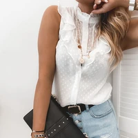women elegant solid color ruffle blouse shirt 2020 summer o neck blusas ladies 2xl new casual button sleeveless tops camisa d30