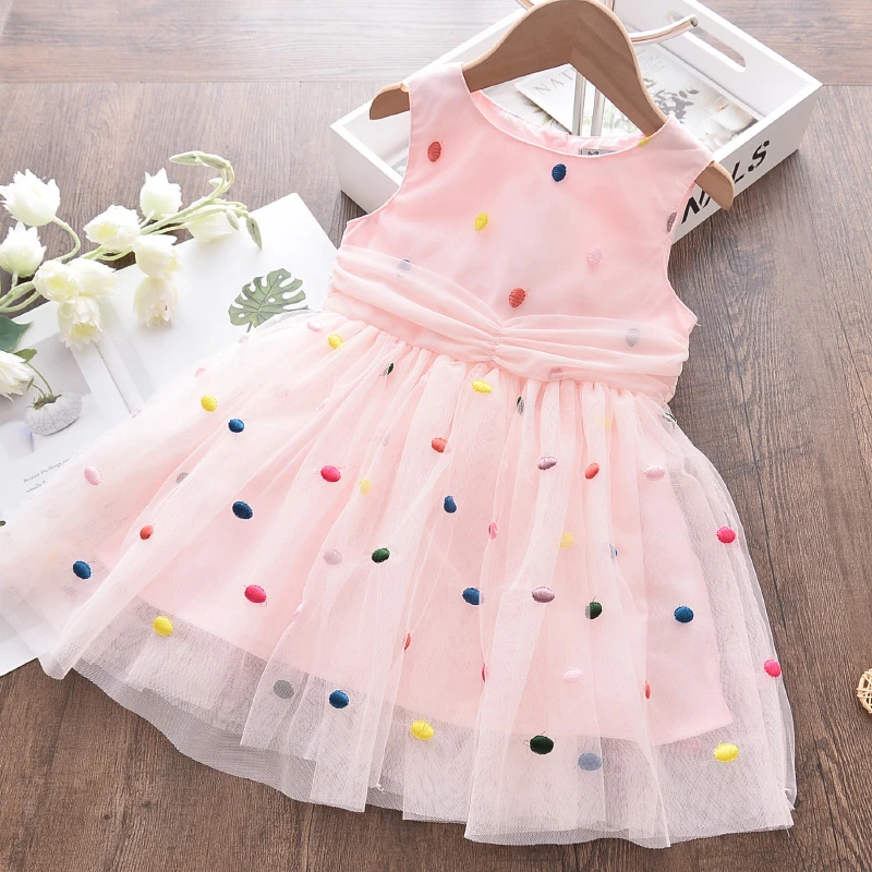 

Keelorn Girls Casual Dresses 2021 Fashion Summer Kids Mesh Colorful Dot Printed Tutu Vestidos Sleeveless Children Party Costumes