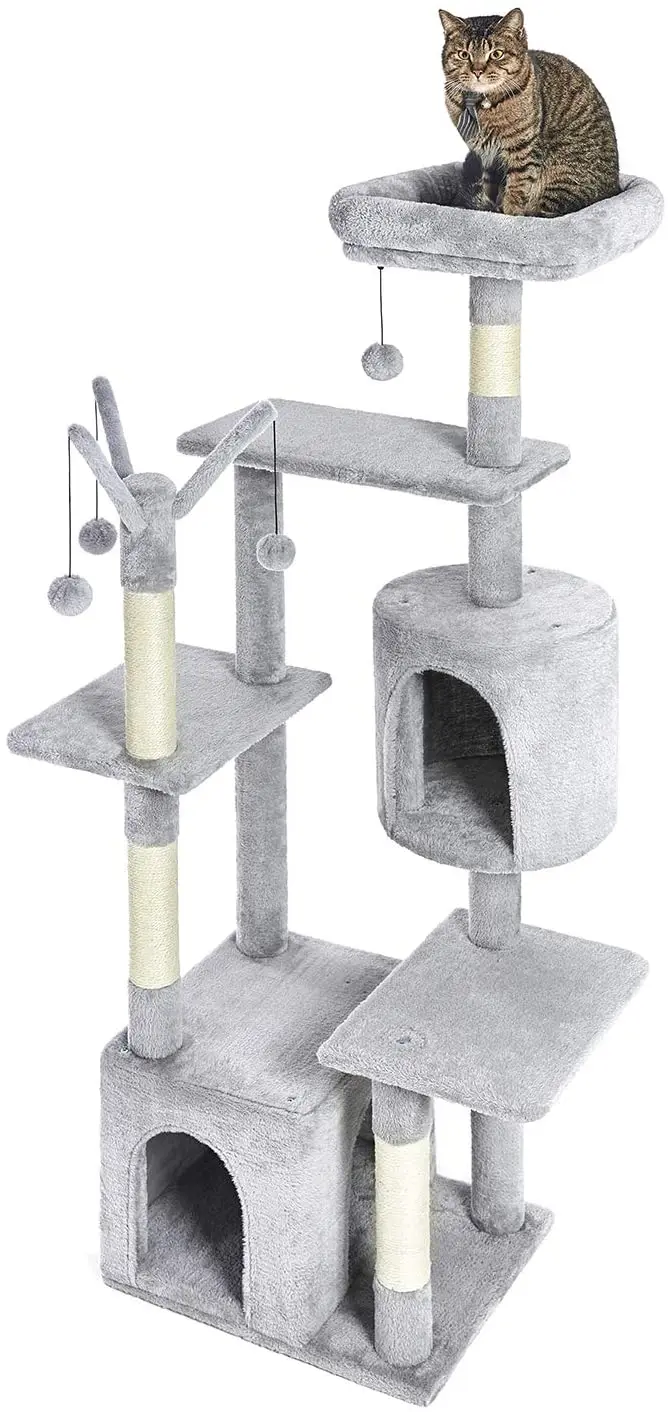 

Кошачье дерево из искусственного меха, башня для кошек с интерактивной игрушкой светильник-серый Когтеточка для кошек с шариками, многофун...