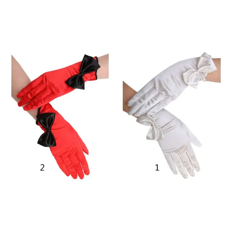 

Women Satin Solid Color Short Wedding Gloves Big Bowknot Oblique Cuffs Prom Dance Party Bridal Full Fingered Mittens