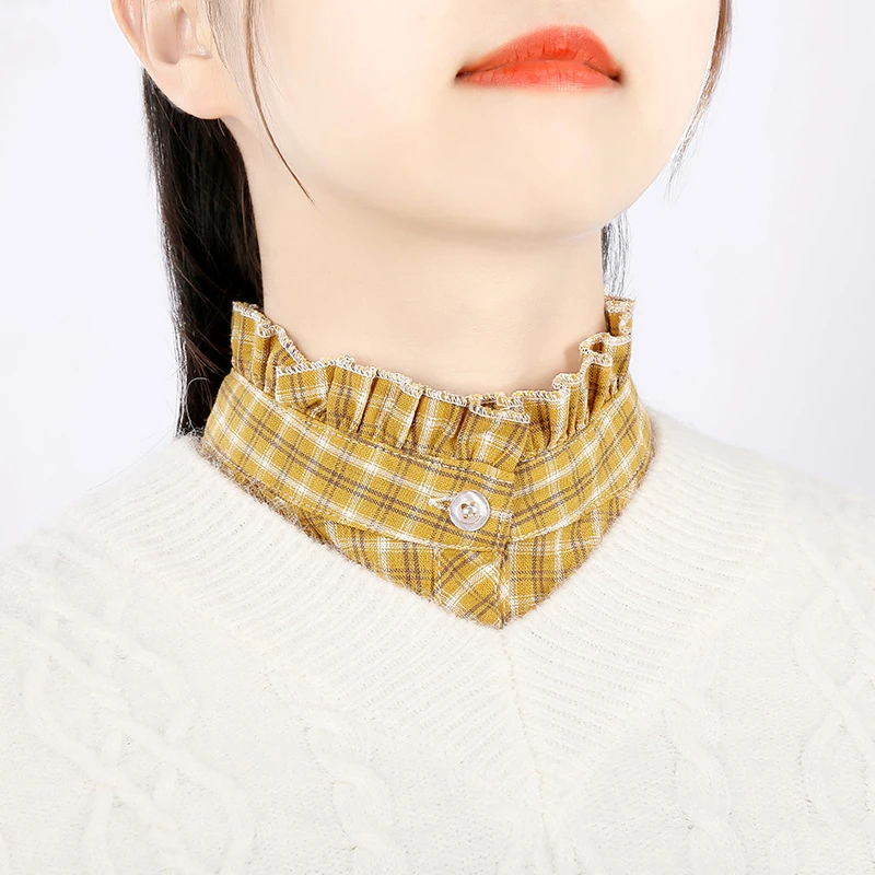 

2021 Brand New Fashion Plaid Women's Fake Collar Stand Beads Detachable Vintage Ladies False Blouse Half Shirt Yellow