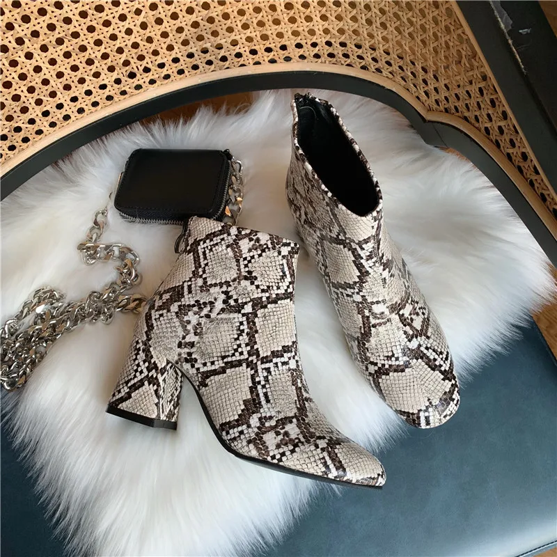 Новые ботильоны для женщин с принтом змеи на высоком квадратном каблуке 5 см