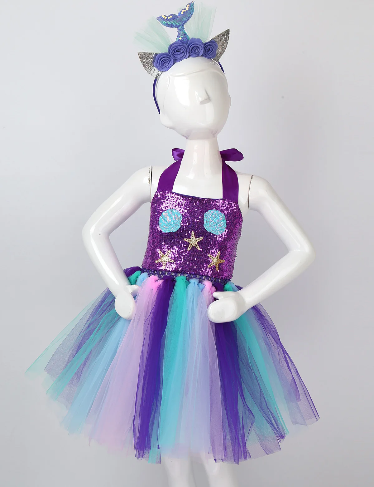 Детский Костюм Русалки для девочек блестящее платье с пачкой из сетки на шее