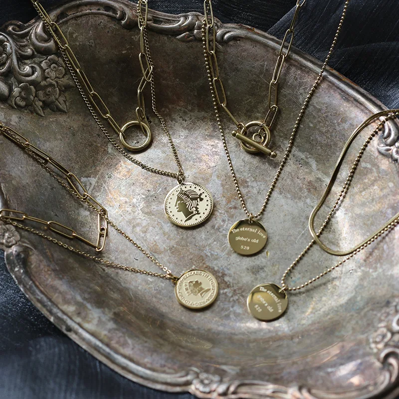 

Tarnish Free 316 Stainless Steel 14k Gold Plating Double Layers Paper Clip Chain Retro Portrait Coin Necklaces For Women