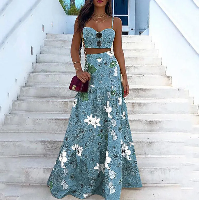 

Summer Green Suspender Dress Women Sexy Breast Wrap Floral Print Holiday Beach Dress Pleated Off Shoulder Floor-length Dress