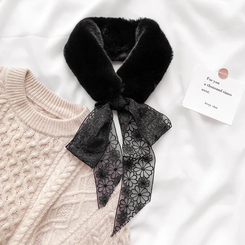 

Real Ladies Imitation Rabbit Fur Collar Coat Scarf With Ribbon Several Colors New Winter Style